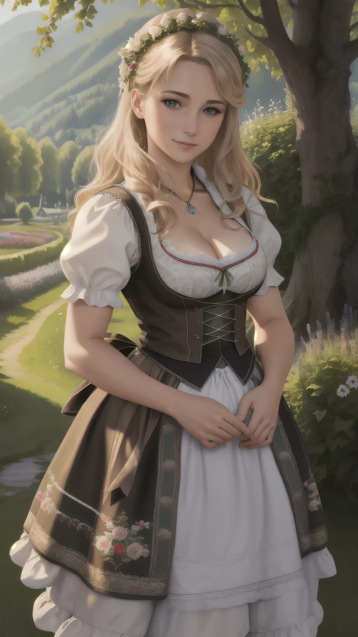 Masterpiece, absurdres, fine detail, HDR, highly detailed face and eyes, photorealistic,  dirndl, a woman in traditional bavarian dress poses for a picture , german woman, wearing a dirndl