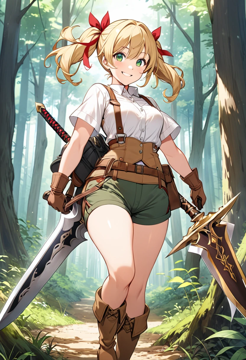 30-year-old anime woman, blonde hair in pigtails, green eyes, tender and smiling expression, long explorer-style shorts with beige suspenders, short-sleeved white blouse, red ribbon in her hair, beige leather gloves, dark beige, in forest leather boots that reach mid-calf, her weapons are two daggers she carries at her waist.