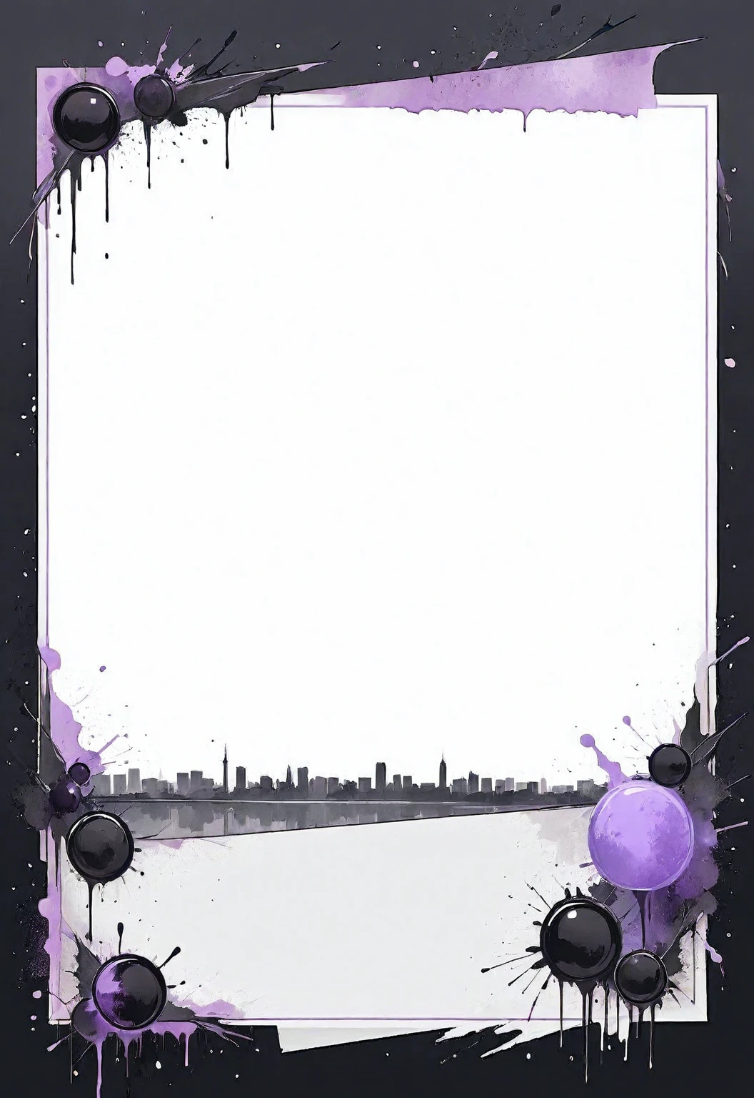 A card border UI，Modern urban minimalist style，Suspense style，Profile Style。Leave a square blank space in the middle，Parchment backing，There are blood stains on it。Black and White、yellowish、Lilac main color。