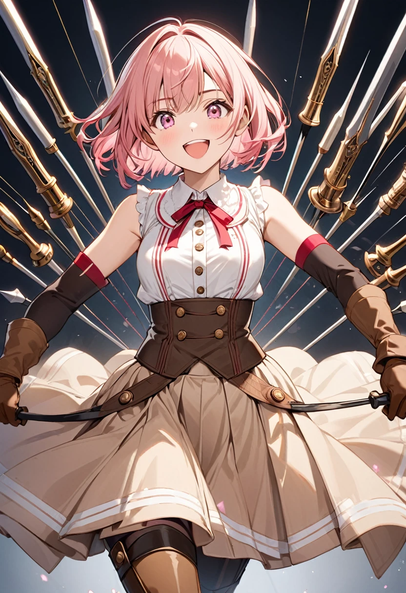20 years old, with short pink hair just below the shoulders, pale pink eyes, and an expression that is serious yet happy. She dresses in an antique style, wearing a long light brown skirt, a sleeveless white blouse with a vertical red line down the center on the buttons, brown gloves, and high boots with many straps. Her weapons are hundreds of needles connected by thread.
