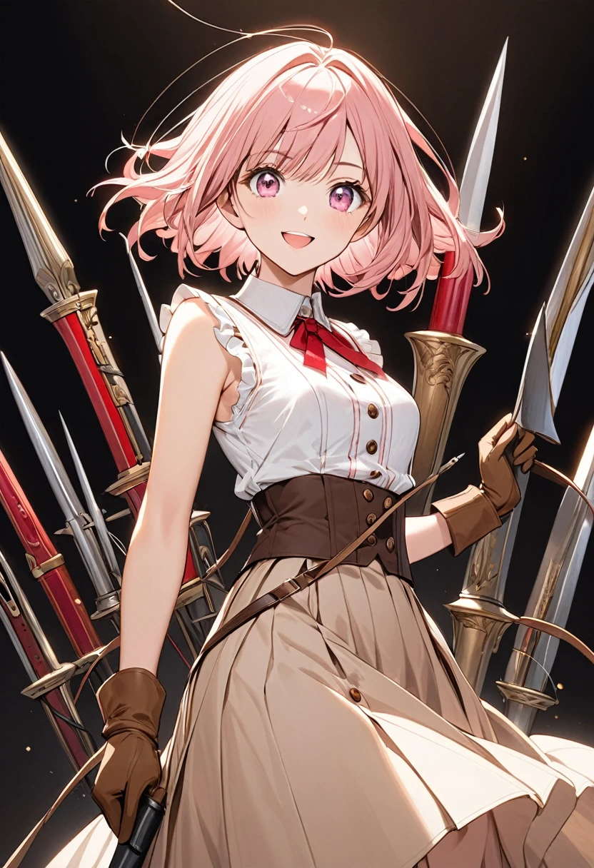 20 years old, with short pink hair just below the shoulders, pale pink eyes, and an expression that is serious yet happy. She dresses in an antique style, wearing a long light brown skirt, a sleeveless white blouse with a vertical red line down the center on the buttons, brown gloves, and high boots with many straps. Her weapons are hundreds of needles connected by thread.