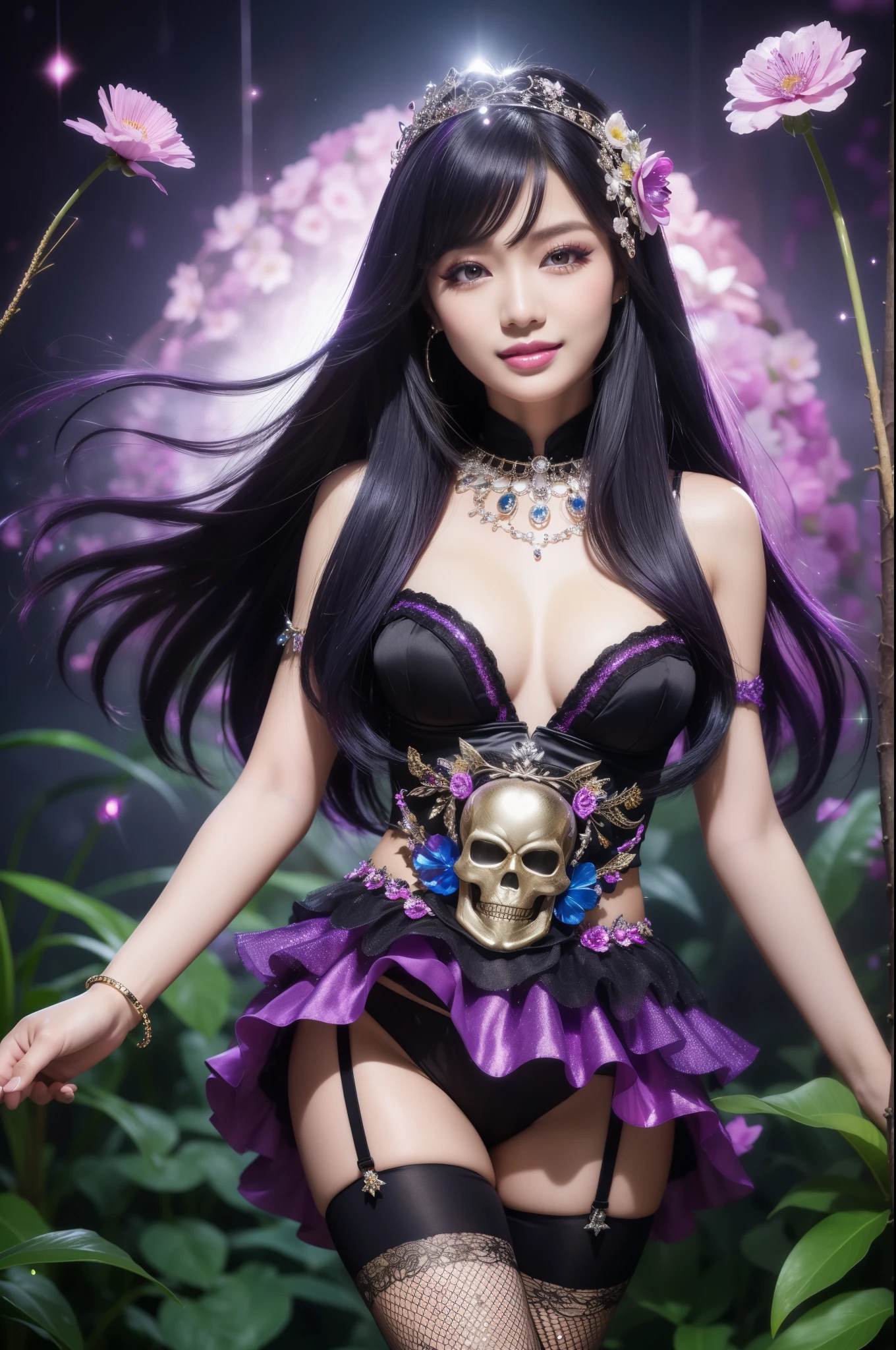 sexy Indonesian Model who controls poison、beautiful smile、lipgloss、long lashes、smokey eyeshadow、look at the camera、full body Esbian、、sparkling poisoned flower costume、、、、shiny sparkling multicolor hair、secrete poison、skull hair accessories、fishnet tights、shiny sparkling dark magic forest background