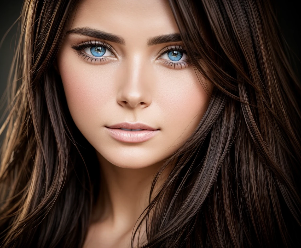 Photography portrait brunette woman color eyes exaggeratedly beautiful, perfect well detailed : cinematic, 35mm, F/22, ogous-Colors, Kinemacolor