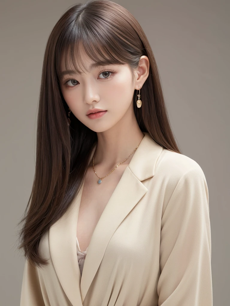 ((Highest quality, 8K, masterpiece:1.3)), concentrate: 1.2, Perfect body beauty: 1.4, Hips: 1.2, ((Long Hair, chest: 1.2)), (Dry clothes: 1.1) , (clear, Simple Background:1.3), Simple clothes: 1.1, Highly detailed face and skin texture,Delicate eyes, double eyelid, Whitened skin, Rough skin、Long Hair、Earrings with bangs、necklace、 solo、Beige coat、White shirt, (((Beautiful girl with cute Japan)))、 ((Beautiful Japanese girl 20 years old))、 ((Baby Face))、 (((Slender body)))、 Upper Body,Face focus、necklace,Simple Background,From above, Realistic Hair、 A photograph was taken:Canon EOS R6、135mm、1/1250 seconds、f2.8、ISO400、(Detailed explanation of the hand)、(Masseter muscle area)、(Exquisite CG)、Long Hair, loose and curly hair、Korean Hair、Long Hair明るいベージュ色、グラデーションハイライトグレージュのゆるふわLong Hairスタイル、