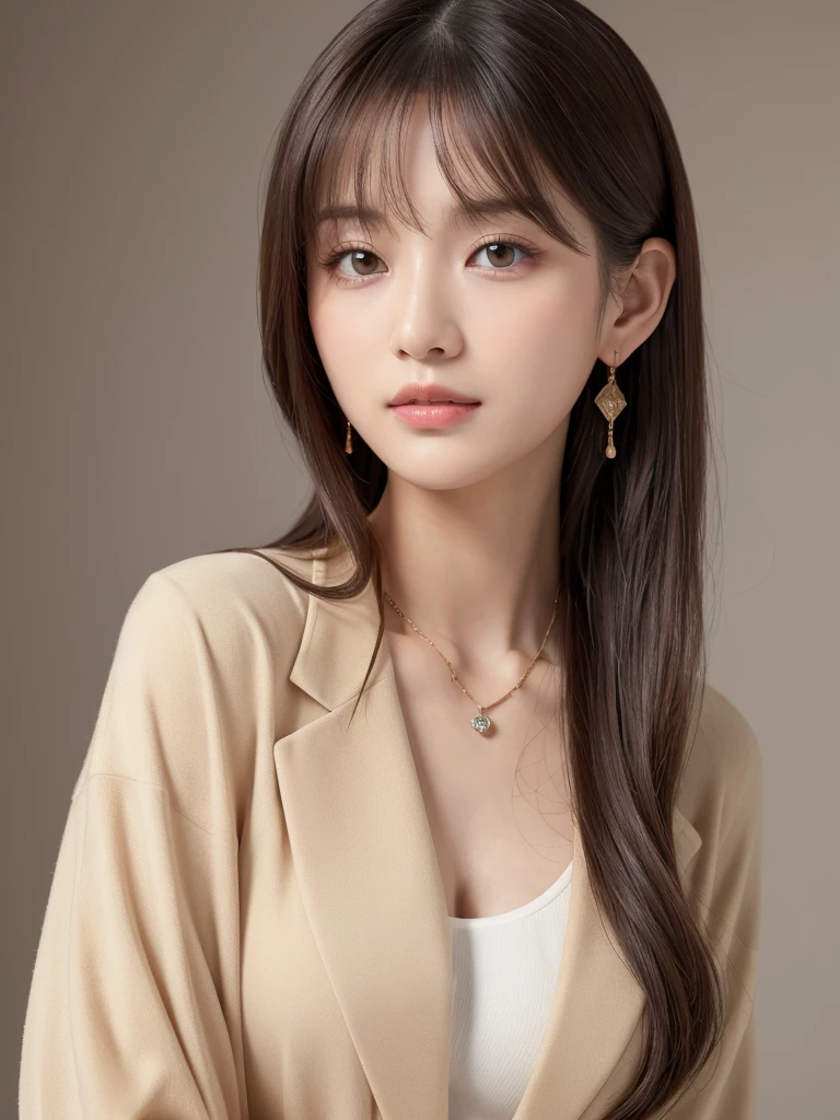  ((Highest quality, 8K, masterpiece:1.3)), concentrate: 1.2, Perfect body beauty: 1.4, Hips: 1.2, ((Long Hair, chest: 1.2)), (Dry clothes: 1.1) , (clear, Simple Background:1.3), Simple clothes: 1.1, Highly detailed face and skin texture,Delicate eyes, double eyelid, Whitened skin, Rough skin、Long Hair、Earrings with bangs、necklace、 solo、Beige coat、White shirt,  (((Beautiful girl with cute Japan)))、  ((Beautiful Japanese girl 20 years old))、 ((Baby Face))、 (((Slender body)))、  Upper Body，Face focus、necklace，Simple Background，From above， Realistic Hair、 A photograph was taken:Canon EOS R6、135mm、1/1250 seconds、f2.8、ISO400、(Detailed explanation of the hand)、(Masseter muscle area)、(Exquisite CG)、Long Hair, loose and curly hair、Korean Hair、Long Hair明るいベージュ色、グラデーションハイライトグレージュのゆるふわLong Hairスタイル、