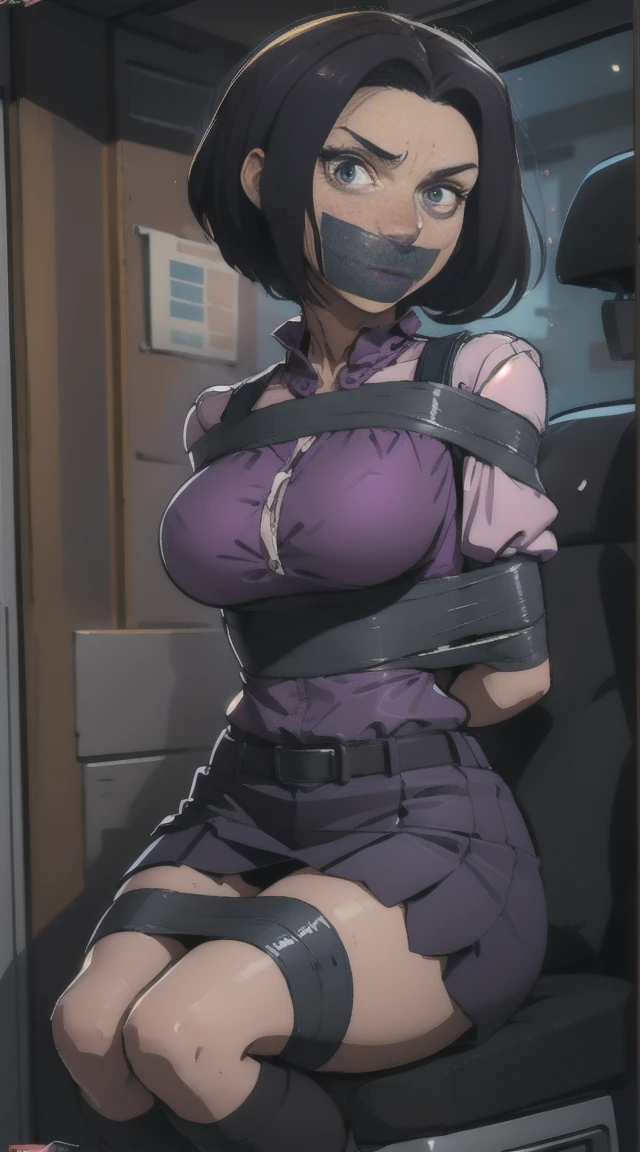 Highest quality, high resolution, looking at viewer, 1 woman with chin length hair, short hair, dark bob cut, thick hair, center part, undercut nape, stacked bob, voluminous hair, in her 30s, purple blouse, knee length, skirt, dark stockings, and calf boots, baggy blouse, wrinkled clothing, photo realistic, video game cut scene, smooth, detailed face, perfect skin, beautiful, Insanely detailed, (taped mouth), tape gag, gag, gagged, mouth taped, arms bound behind back, elbows taped, wrists taped, taped legs, taped arms, knees taped, frightened, pleading eyes, desperate escape attempt, , cinematic, anime, cowboy shot, wide shot, , in vehicle, in car seat, being taken away, driven away, abducted, frightened, pleading eyes, desperate escape attempt, stalker, , true crime, peril, impending, award wining, masterpiece, super detail, detailed background, anatomically correct, best quality, 16k