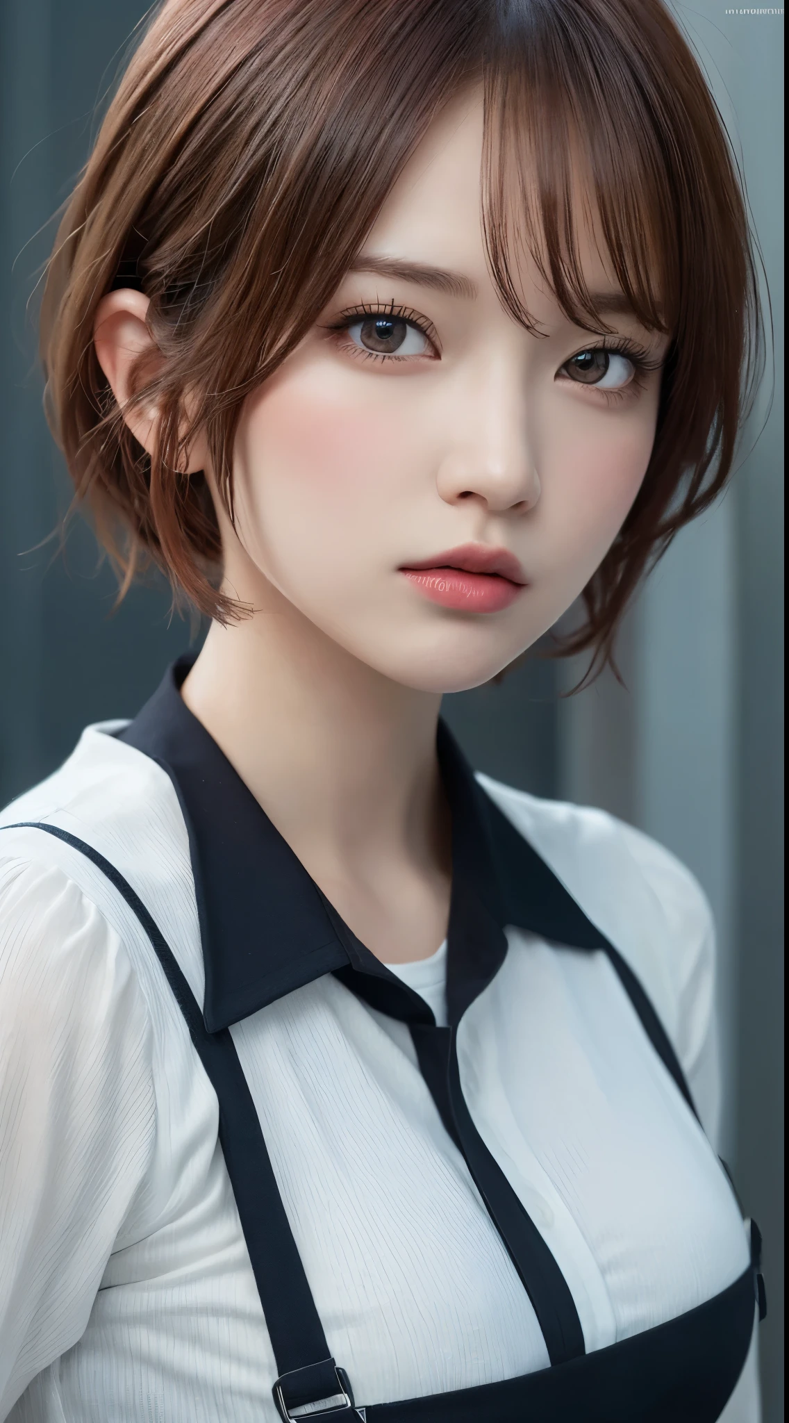 masutepiece, Best Quality, Illustration, Ultra-detailed, finely detail, hight resolution, 8K Wallpaper, Perfect dynamic composition, Beautiful detailed eyes, Natural Lip, uniform , Big breasts,,Sad face、Red hair、short hair