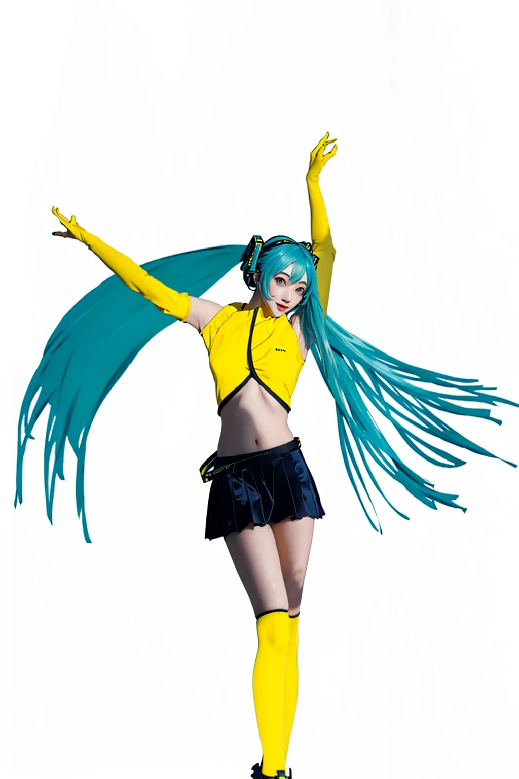 ((Masterpiece)), (best quality), (very detailed), ((very detailed)), 4k, (8k),2 girl,Hatsune Miku, girl with blue hair and yellow top and black skirt, a raytraced image inspired by Rei Kamoi, pixiv contest winner, dada, miku, hatsune miku, pose(arms up + happy), vocaloid, hatsune miku short hair, sona is a slender, frantic dancing pose, yellow and blue and cyan, anime pose