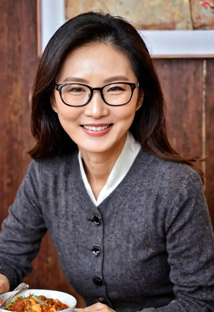 korean woman, very beautiful 60 years old, very tasty, with glasses, with beautiful smile,
