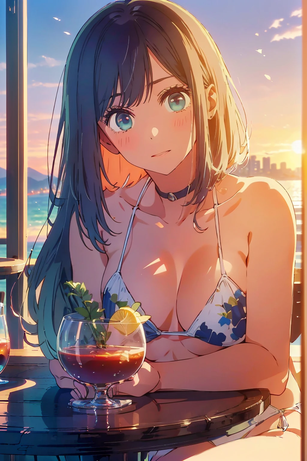(Highest quality:1.4、masterpiece:1.4、Super detailed:1.4、8K:1.4)、F cup bust、Big Breasts、Slim body、((((1 person、Surprised expression、sit、In the background are the urban buildings of Tokyo、looking at the camera、Outdoor café terrace、coastal、Navy hair color、Shooting from an angle、juice、table、Sunset Beach、sunset、Very cute face))))、(((nude、Areola、bikini size too small、Holding a glass)))、Big eyes、((((Shallow depth of field))))