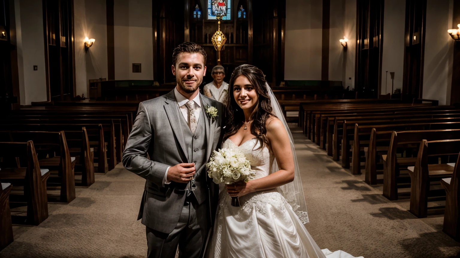 wedding image of a handsome white man, 30years, and a beautiful woman, 27 year old, dark-haired white, em uma igreja