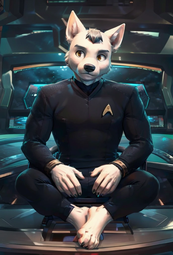 (((Barefoot furry character, full body, cinematic setting, furry male, plantigrade)))
(((Bolt))) (anthro dog with white fur, very cute and young looking face, big black snout), exudes confidence and authority as he sits in the captain's chair, and his (((Star Trek uniform))) with the Starfleet Delta badge on his chest is a perfect match for his muscular figure. Handsome clawed feet paws dominate the bridge of the star ship and its crew. ((Bridge of Star Trek starship with many screens and consoles as background)), futuristic look, metalic. anatomically correct, Long black pants, blue shirt of science officer.
BREAK, intricate details, highly detailed, extreme detail, octane render, fine art, best quality, highres, (detailed face:1.5), ((full_body)), UHD, (((perfect hands))), low light