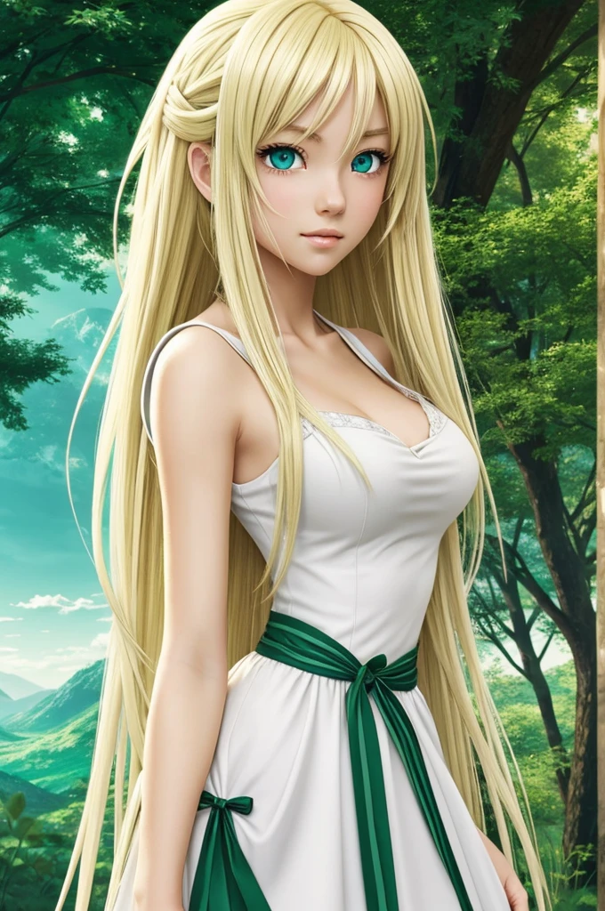 A 2D anime girl with blonde hair, white skin and green eyes, a celestial and mythological roupa.