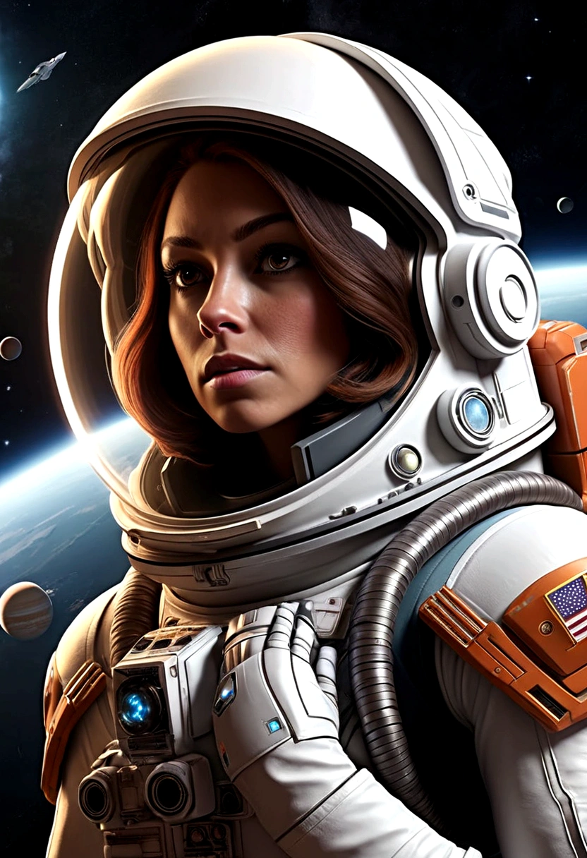 A female astronaut, extremely detailed and realistic, surrounded by gigantic starships engaged in an epic space battle, with detailed galactic conflict and photorealistic planets in the background, (best quality,4k,8k,highres,masterpiece:1.2),ultra-detailed,(realistic,photorealistic,photo-realistic:1.37),cinematic lighting,dramatic atmosphere,intense action,vibrant colors,dramatic pose,muscular body,highly detailed facial features,hyperrealistic space environment,large ,scifi,science fiction