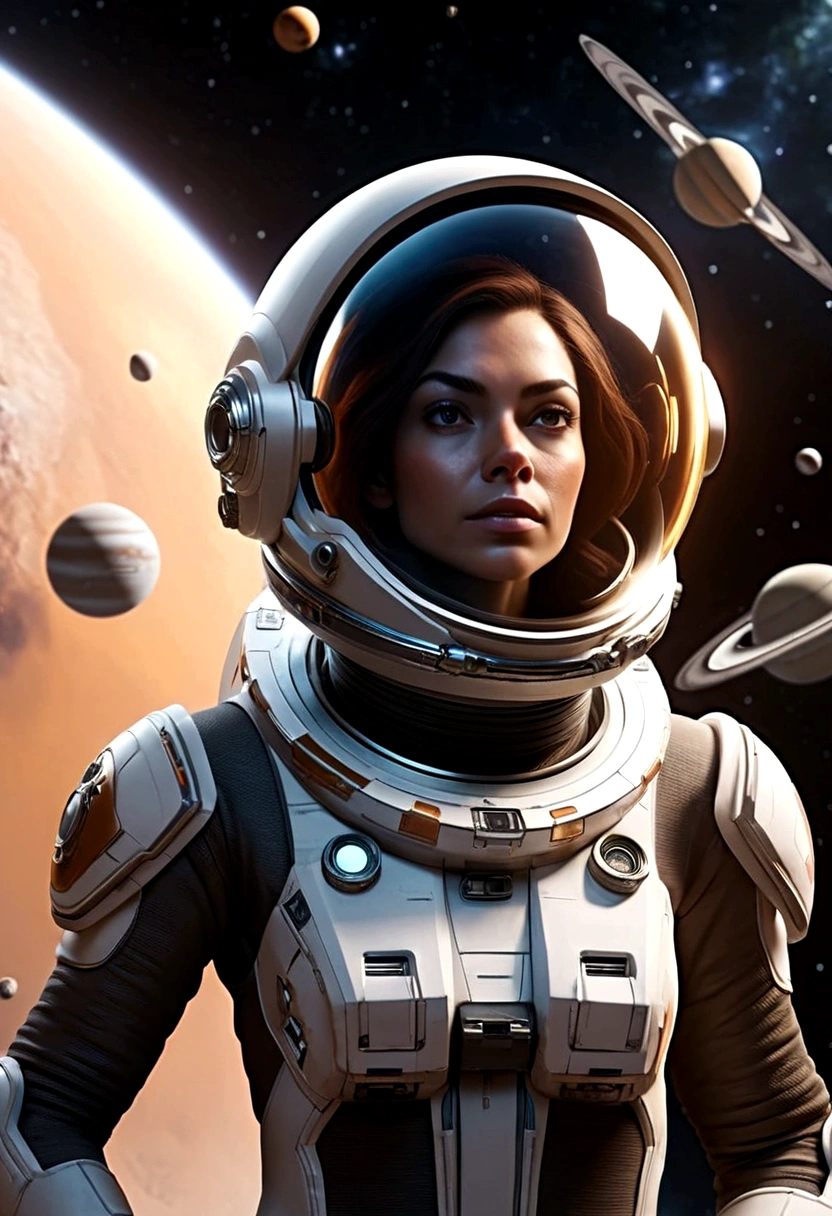 A female astronaut, extremely detailed and realistic, surrounded by gigantic starships engaged in an epic space battle, with detailed galactic conflict and photorealistic planets in the background, (best quality,4k,8k,highres,masterpiece:1.2),ultra-detailed,(realistic,photorealistic,photo-realistic:1.37),cinematic lighting,dramatic atmosphere,intense action,vibrant colors,dramatic pose,muscular body,highly detailed facial features,hyperrealistic space environment,large ,scifi,science fiction