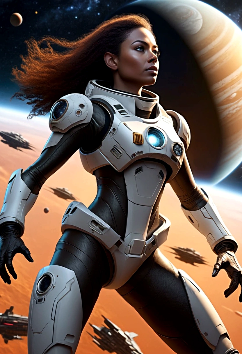 A female astronaut, extremely detailed and realistic, surrounded by gigantic starships engaged in an epic space battle, with detailed galactic conflict and photorealistic planets in the background, (best quality,4k,8k,highres,masterpiece:1.2),ultra-detailed,(realistic,photorealistic,photo-realistic:1.37),cinematic lighting,dramatic atmosphere,intense action,vibrant colors,dramatic pose,muscular body,highly detailed facial features,hyperrealistic space environment,large ,scifi,science fiction
