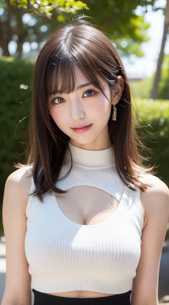 masutepiece, Best Quality, Photorealsitic, finely detail, hight resolution, 8K Wallpapers, Perfect dynamic composition, Beautiful detailed eyes, Medium Hair, large full breasts, Random and sexy poses,Bring your chest together、(Open Chest Mock Neck Crop Tank Top White Knitwear Clear Clave)、(Breast bulge 1.2)、A smile、open open mouth、Resort scenery、25-years old、(Drooping eyes 1.4)、Adult beauty、japanes、プラチナブロンドヘア