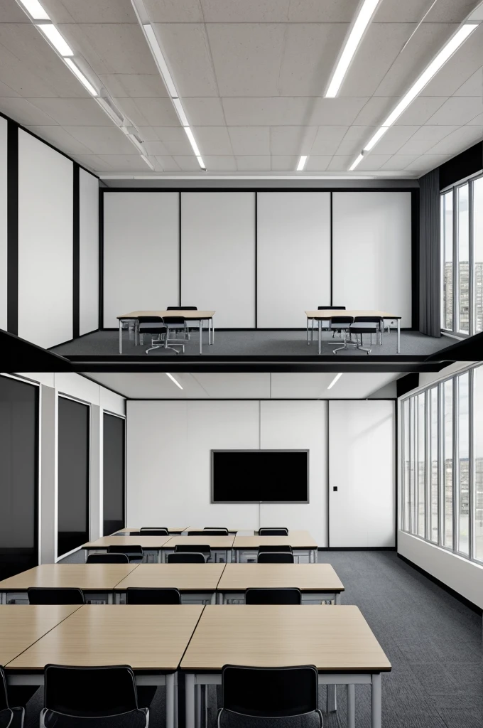 Black and white layout of a large classroom with desks and tables facing a wall-mounted touchscreen TV. Classroom has a door and soundproof walls. Simple, clear lines with no shading or color.