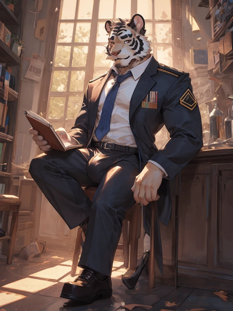 {{bara extremely handsome white tiger,}} {{white fur,}} white, wearing military like purple trench coat, purple trousers, white dress shirt and necktie, white fluffy furry body and limbs, loafers, very tall, very broad shoulders, narrow waist, muscular arms, massive pecs, purple eyes, very long legs,  sitting on swivel chair with legs spread, massive bulge, reading file, sophisticated smart look, full body, sunlight casting over, 3/4 view, best quality, high quality, silver earring on left ear, sultry smirk