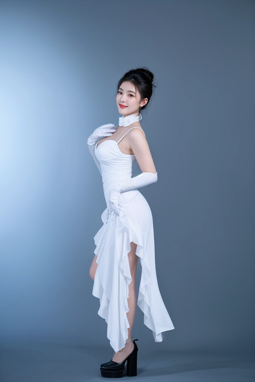 arafed woman in a white dress posing for a picture, a beautiful woman in white, in white clothes, girl in white dress dancing, full body xianxia, white gown, dressed in a beautiful white, cute elegant pose, wearing white dress, elegant smiling pose, smooth white tight clothes suit, elegant glamourous cosplay, wearing white leotard