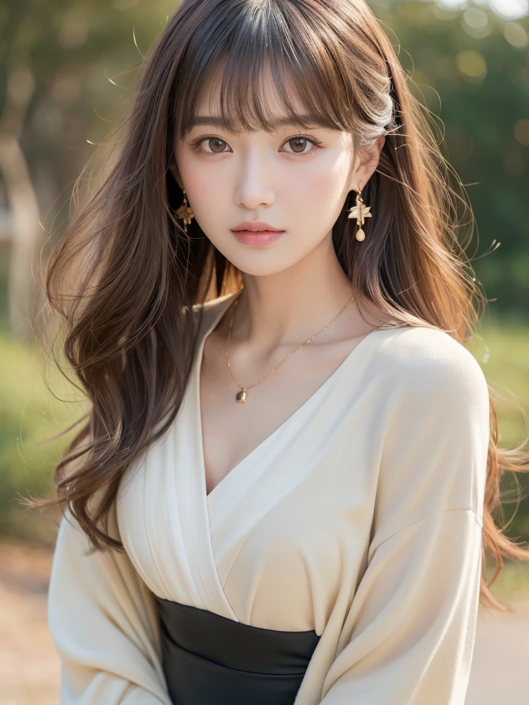 ((Highest quality, 8K, masterpiece:1.3)), concentrate: 1.2, Perfect body beauty: 1.4, Hips: 1.2, ((Long Hair, chest: 1.2)), (Dry clothes: 1.1) , (clear, Simple Background:1.3), Simple clothes: 1.1, Highly detailed face and skin texture,Delicate eyes, double eyelid, Whitened skin, Rough skin、Long Hair、Earrings with bangs、necklace、 solo、Beige coat、White shirt, (((Beautiful girl with cute Japan)))、 ((Beautiful Japanese girl 20 years old))、 ((Baby Face))、 (((Slender body)))、 Upper Body,Face focus、necklace,Simple Background,From above, Realistic Hair、 A photograph was taken:Canon EOS R6、135mm、1/1250 seconds、f2.8、ISO400、(Detailed explanation of the hand)、(Masseter muscle area)、(Exquisite CG)、Long Hair, loose and curly hair、Korean Hair、Long Hair明るいベージュ色、グラデーションハイライトグレージュのゆるふわLong Hairスタイル、