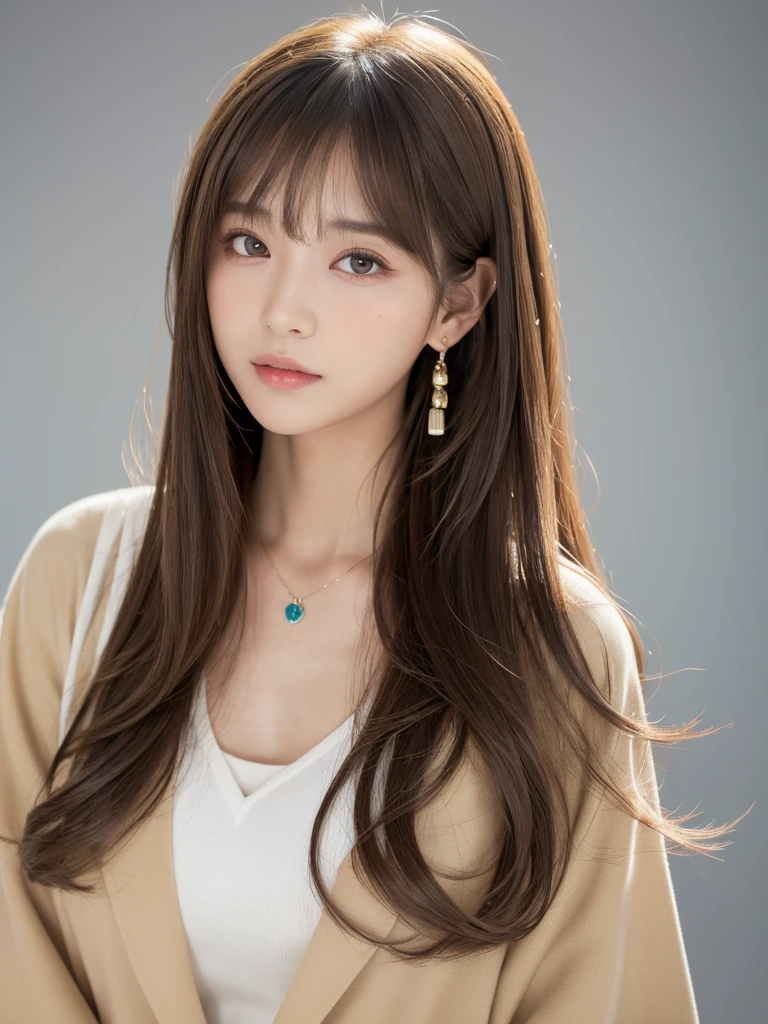 ((Highest quality, 8K, masterpiece:1.3)), concentrate: 1.2, Perfect body beauty: 1.4, Hips: 1.2, ((Long Hair, chest: 1.2)), (Dry clothes: 1.1) , (clear, Simple Background:1.3), Simple clothes: 1.1, Highly detailed face and skin texture,Delicate eyes, double eyelid, Whitened skin, Rough skin、Long Hair、Earrings with bangs、necklace、 solo、Beige coat、White shirt, (((Beautiful girl with cute Japan)))、 ((Beautiful Japanese girl 20 years old))、 ((Baby Face))、 (((Slender body)))、 Upper Body,Face focus、necklace,Simple Background,From above, Realistic Hair、 A photograph was taken:Canon EOS R6、135mm、1/1250 seconds、f2.8、ISO400、(Detailed explanation of the hand)、(Masseter muscle area)、(Exquisite CG)、Long Hair, loose and curly hair、Korean Hair、Long Hair明るいベージュ色、グラデーションハイライトグレージュのゆるふわLong Hairスタイル、