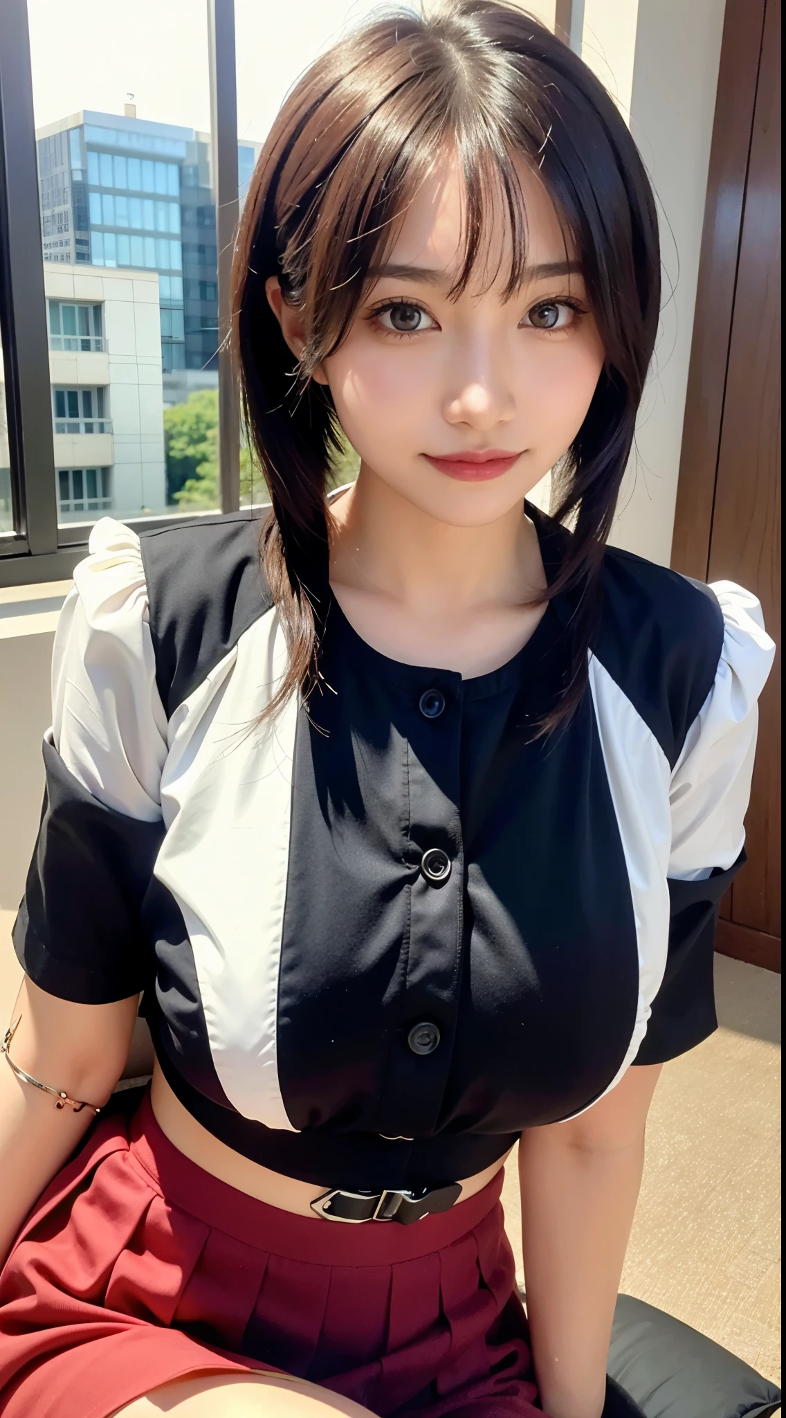 Masterpiece, 1 beautiful girl, Detailed, Swollen eyes, Top quality, ultra high resolution, (reality: 1.4), Original photo, 1girll, Cinematic lighting, Smiling,(huge tit) ,Asian beauty, Korean female, Clean, Super beautiful, little young face, Beautiful skin, Slender, Cyberpunk background, (Ultra photo realsisim), (high resolution), (8K), (Very detailed), (Best Illustration), (Beautifully detailed eyes), (Super detailed), (the wallpaper), (Detailed face), audience looking, finedetail, Detailed face, pureerosfaceace_V1, Smiling, 46-point oblique bangs, Staring straight ahead, Neat and clean clothes, Black colored eyes, Red armor, Traditional Japanese red armor, Short skirt, The hair color is bright red, body facing front, nice thigh,ブロンドヘア、ワンピース