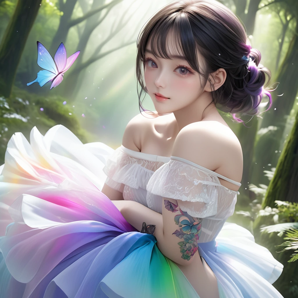 RAW Photos:1.2, masterpiece, Highest quality, 16K, Unbelievably absurd, Very detailed, Perfect beauty, Beautiful cute girl, A sheer dress, Off the shoulder, Strapless, Rainbow gradient, Tattoo butterfly arm, forest,