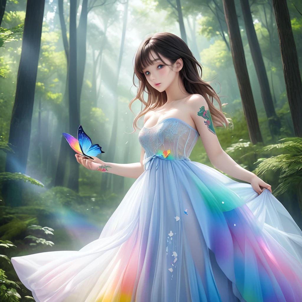 RAW Photos:1.2, masterpiece, Highest quality, 16K, Unbelievably absurd, Very detailed, Perfect beauty, Beautiful cute girl, A sheer dress, Off the shoulder, Strapless, Rainbow gradient, Tattoo butterfly arm, forest,