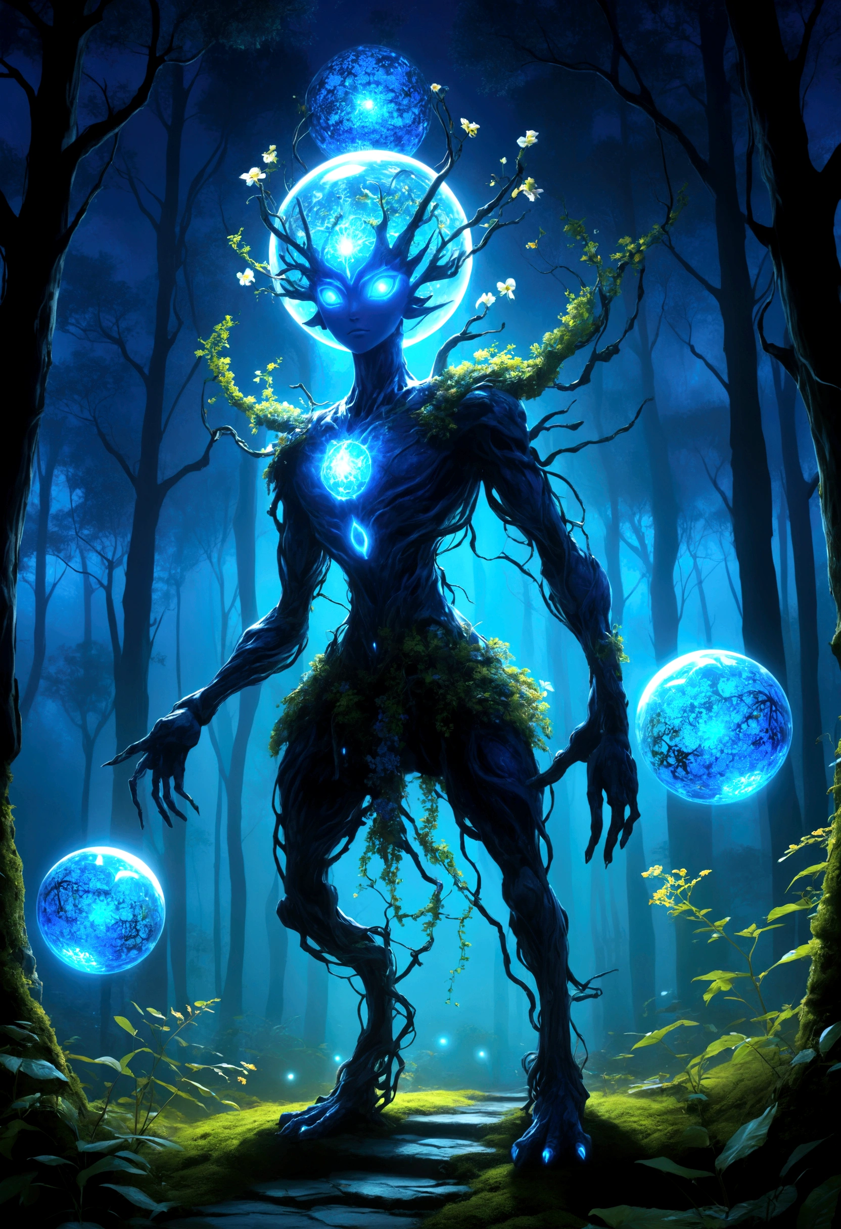  At night, the Forest Spirit transforms into the Night Walker or Daidarabotchi, a towering, translucent, and more abstract figure that glows with a blue light. In this form, the spirit's steps cause the vegetation to grow and wilt, highlighting its role as a giver and taker of life. Glowing floating flowery balls represent the essence of the forest

