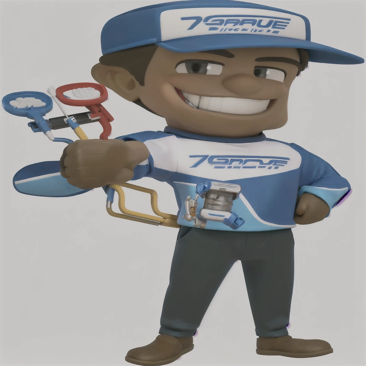 3d, Masterpiece artwork, disney pixar style man holding a pressure gauge, wearing cap, long sleeve shirt, mascote de corpo inteiro, official character illustration, wearing plumber uniform, Mascot Illustration, detailed illustration, caricature, promotional rendering