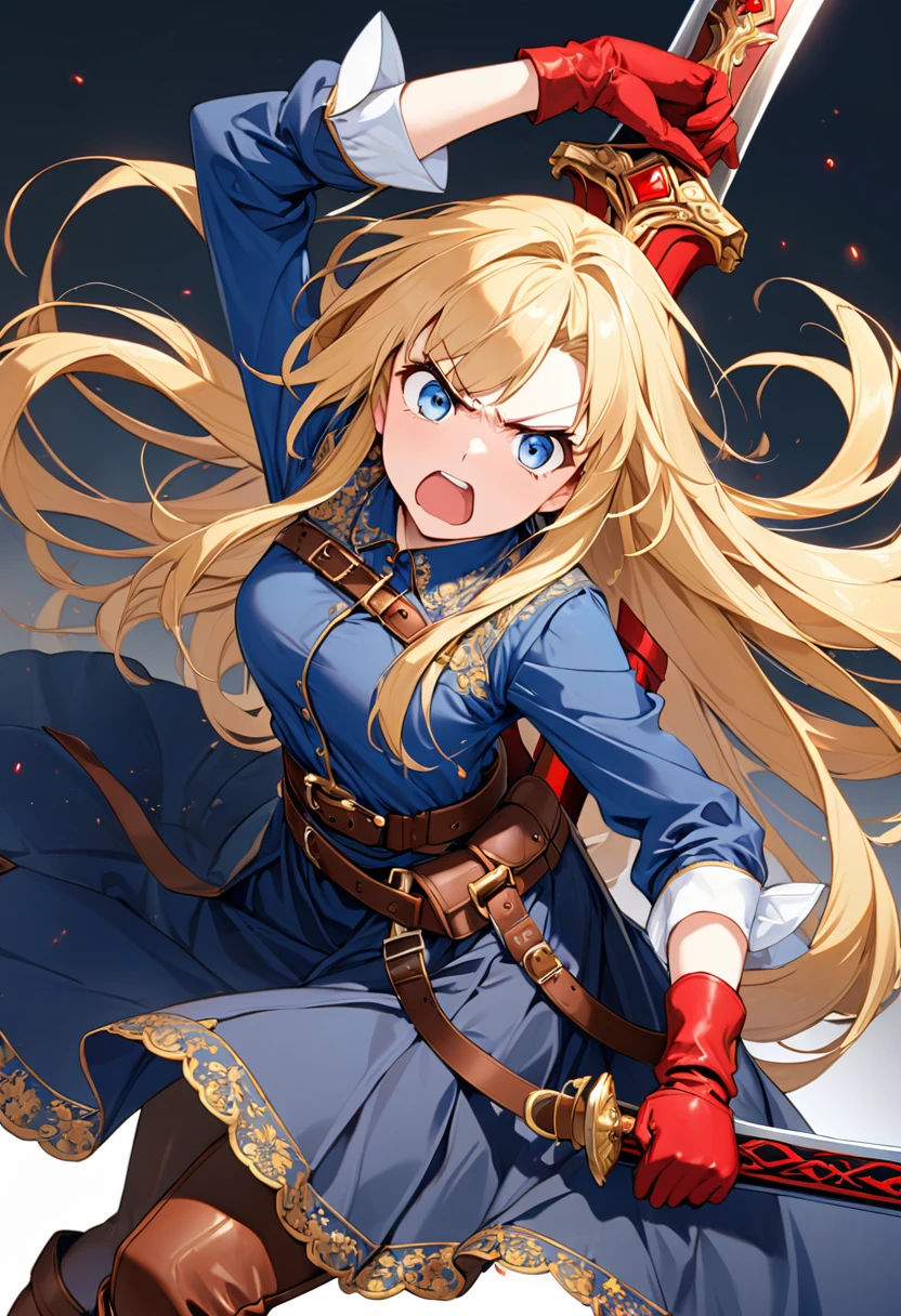 20-year-old anime girl, long blonde hair, blue eyes, angry expression, long dark blue skirt with gold embroidery at the hem, old-fashioned blue blouse with long fitted sleeves, adorned with red details, red leather gloves that reach her elbows, dark brown leather boots that reach mid-calf, leather belt adorned with a golden buckle and red details, her weapon is a huge greatsword with a gold and red decorated handle, hanging on her back in an ornate sheath.