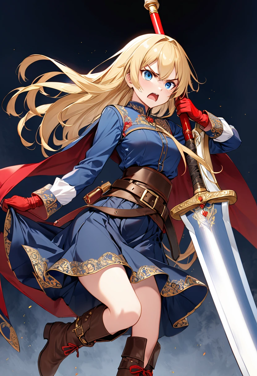 20-year-old anime girl, long blonde hair, blue eyes, angry expression, long dark blue skirt with gold embroidery at the hem, old-fashioned blue blouse with long fitted sleeves, adorned with red details, red leather gloves that reach her elbows, dark brown leather boots that reach mid-calf, leather belt adorned with a golden buckle and red details, her weapon is a huge greatsword with a gold and red decorated handle, hanging on her back in an ornate sheath. 