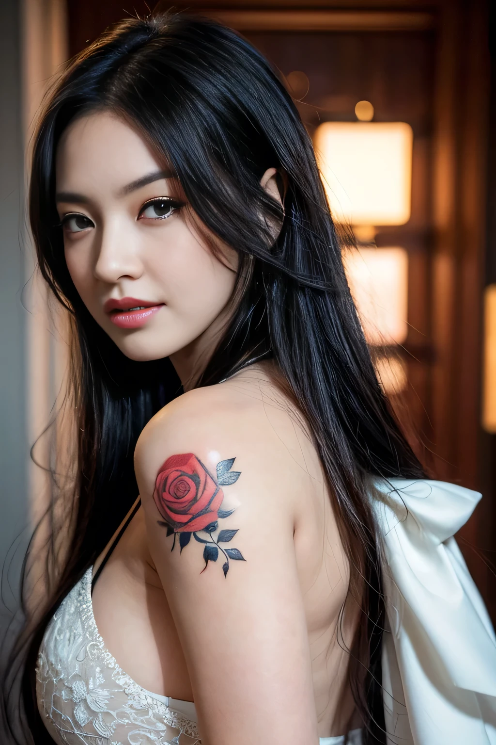 A beauty girl with long black hair and a white dress with red roses, big breast, chubby, tattoo, detailed beautiful eyes, guweiz, guweiz on pixiv artstation, detailed digital art, beautiful girl, guweiz on artstation pixiv, style 4 k, kawacy, beautiful portrait, detailed portrait of girl,