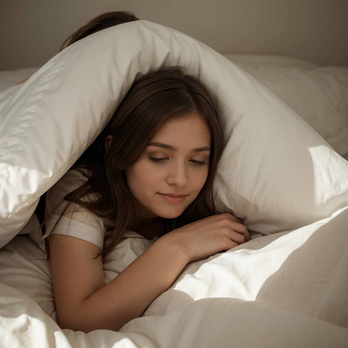 Lucie in the bed under the duvet at night falling asleep