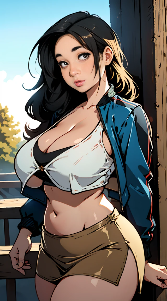 1girl, kitsch, solo, voluptuous body, long hair, jacket, outdoors, crop top, huge breasts, cleavage, midriff, slim waist, thick thighs, large hips, micro skirt, specular highlights, side lighting, detailed face, detailed eyes