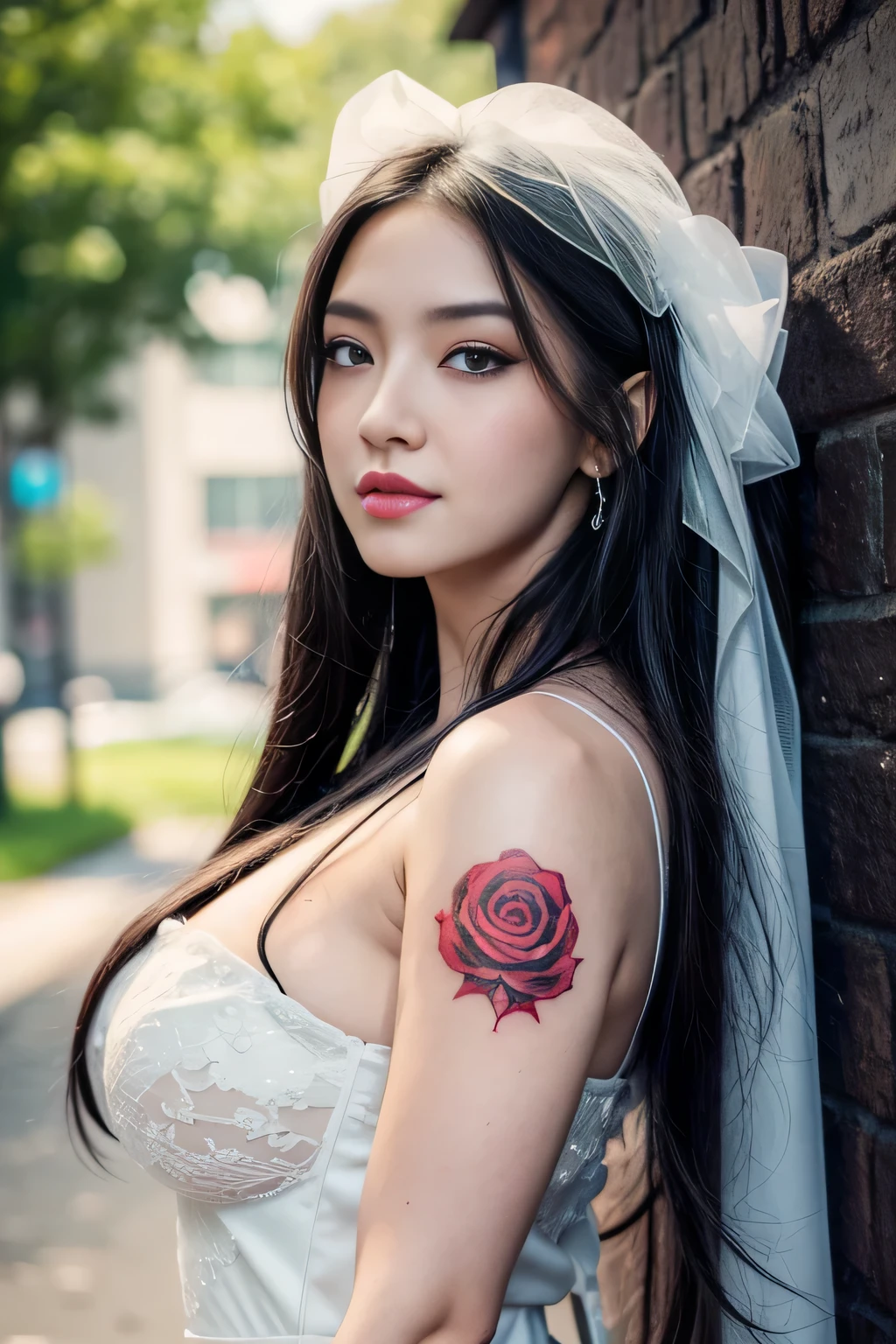 A beauty girl with long black hair and a white dress with red roses, big breast, chubby, tattoo, detailed beautiful eyes, guweiz, guweiz on pixiv artstation, detailed digital art, beautiful  girl, guweiz on artstation pixiv, style 4 k, kawacy, beautiful portrait, detailed portrait of girl, 