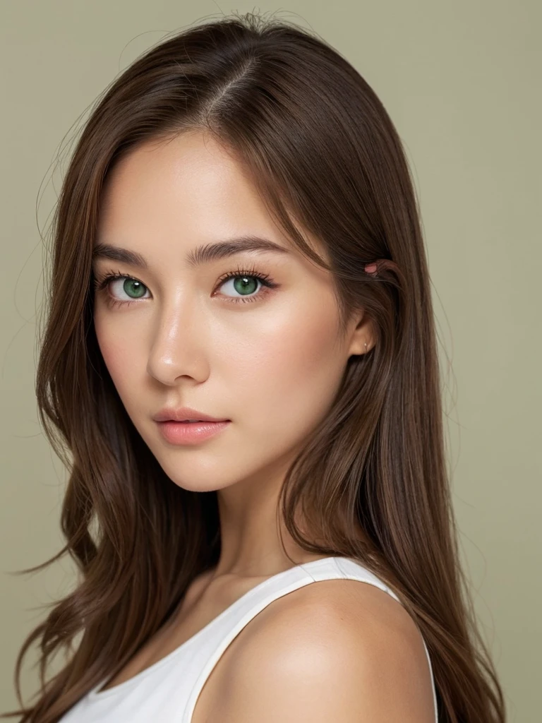 A girl with light brown hair, green eyes, and Asian features