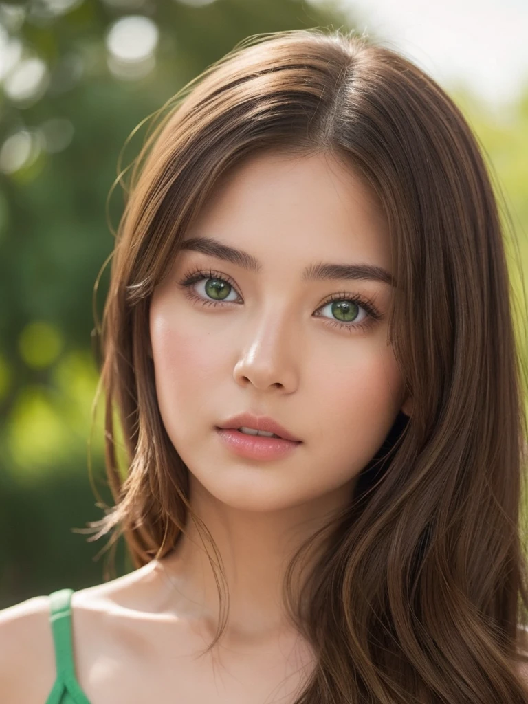 A girl with light brown hair, green eyes, and Asian features