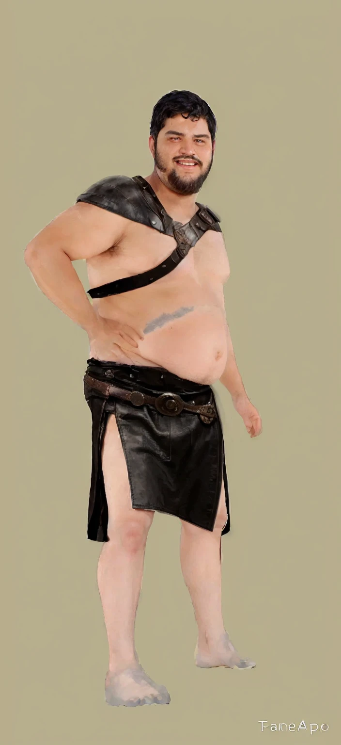 Body type: Very large and robust, with a significant amount of body fat. Shape: The body has a rounded and full shape, with pronounced curves and a prominent belly. The chest is large and slightly saggy, consistent with the overall body size. Skin tone: Warm, medium olive complexion. Face: Shape: Round and full with soft lines. Eyebrows: Thick, dark eyebrows that contrast with the skin tone. Mustache: Prominent, well-groomed Mexican-style mustache that adds personality to your face. Expression: Cheerful and approachable, with a wide smile that conveys warmth and friendliness. hair: Style: Short, black hair with a noticeable fringe that falls over the forehead. Texture: Thick and slightly wavy, contributing to the overall robust appearance. Body Hair: Noticeable body hair, particularly on the chest and possibly the abdomen and arms, contributing to a more natural, unrefined appearance. Clothing and accessories: Main: Shirtless: Highlighting his large, full chest. Shoulder Armor: One shoulder is covered in animal fur, reminiscent of styles seen in Game of Thrones. The fur is thick, coarse, and slightly matted, with visible leather straps holding it in place. Bottom: Gladiator Skirt: High waist, made of thick, dark leather. Design: The skirt has a sturdy and practical look, with straps and buckles, perfectly fitting the wide waist and muscular legs. Accents: Possibly adorned with small details or metal studs, adding to the warrior aesthetic. Bottom: Context: Environment: A dark, medieval-inspired environment with elements like stone walls, dim torches, or a misty forest setting. Atmosphere: Gritty and intense, with a sense of mysticism and ancient warrio...homem arafado em uma roupa de couro segurando uma faca e uma faca, wearing tanga, tanga, Tipo de corpo de Peter Griffin, an OBESO, Corpo forte e gordo de bacanal, technoviking masculino sem camisa, foto de um guerreiro adulto masculino, tanga, OBESO, Barriga gorda, bárbaro masculino, armadura de couro skimpy, OBESO )