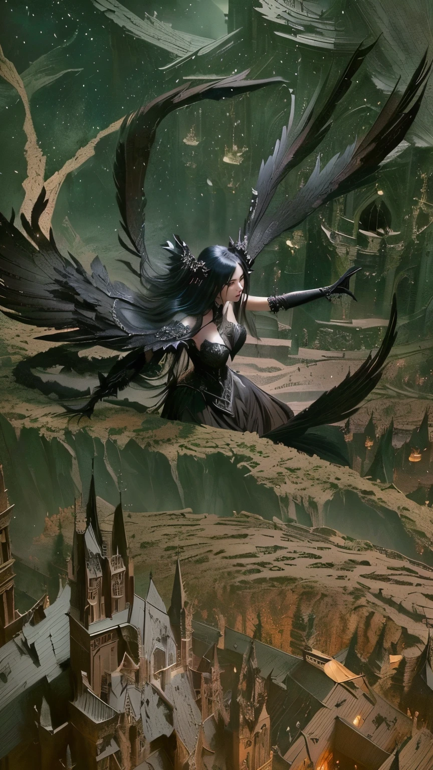 there is a woman with black wings and a black dress, villainess has black angel wings, dark feathered wings, dark fantasy style art, by Yang J, dark angel, 8k high quality detailed art, raven winged female vampire, dark fantasy style, dark fantasy art, black wings instead of arms, fantasy dark art, gothic fantasy art, detailed fantasy art