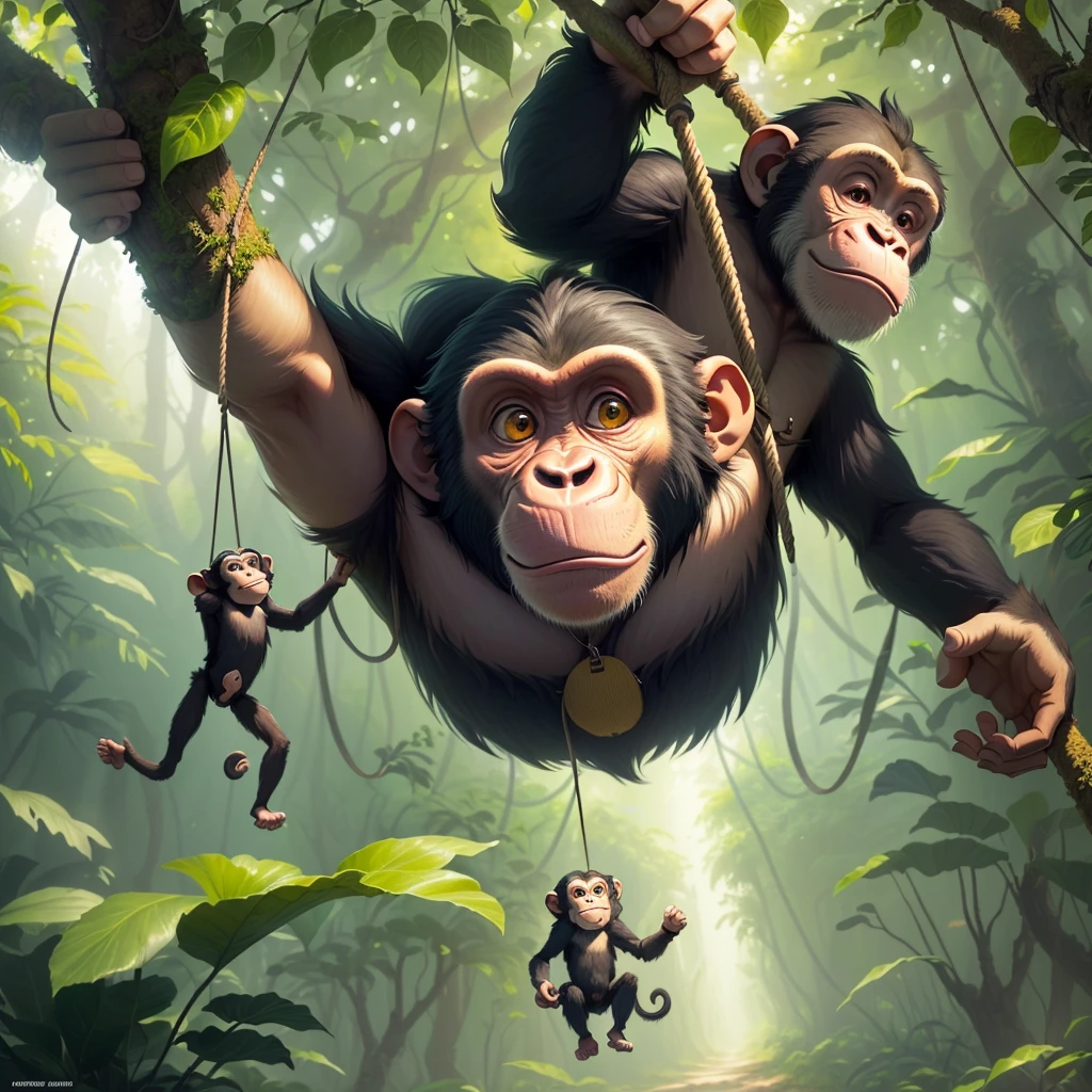 cartoon monkey hanging from a tree branch in a jungle, apes hanging from vines, animated movie still, monkey, cyber monkey in the scifi forest, chimpanzee, animated film still, animation still, subject= chimp, animated movie scene, animated still, animation film still, clever monkey, disney 2d animation still, bored ape nft