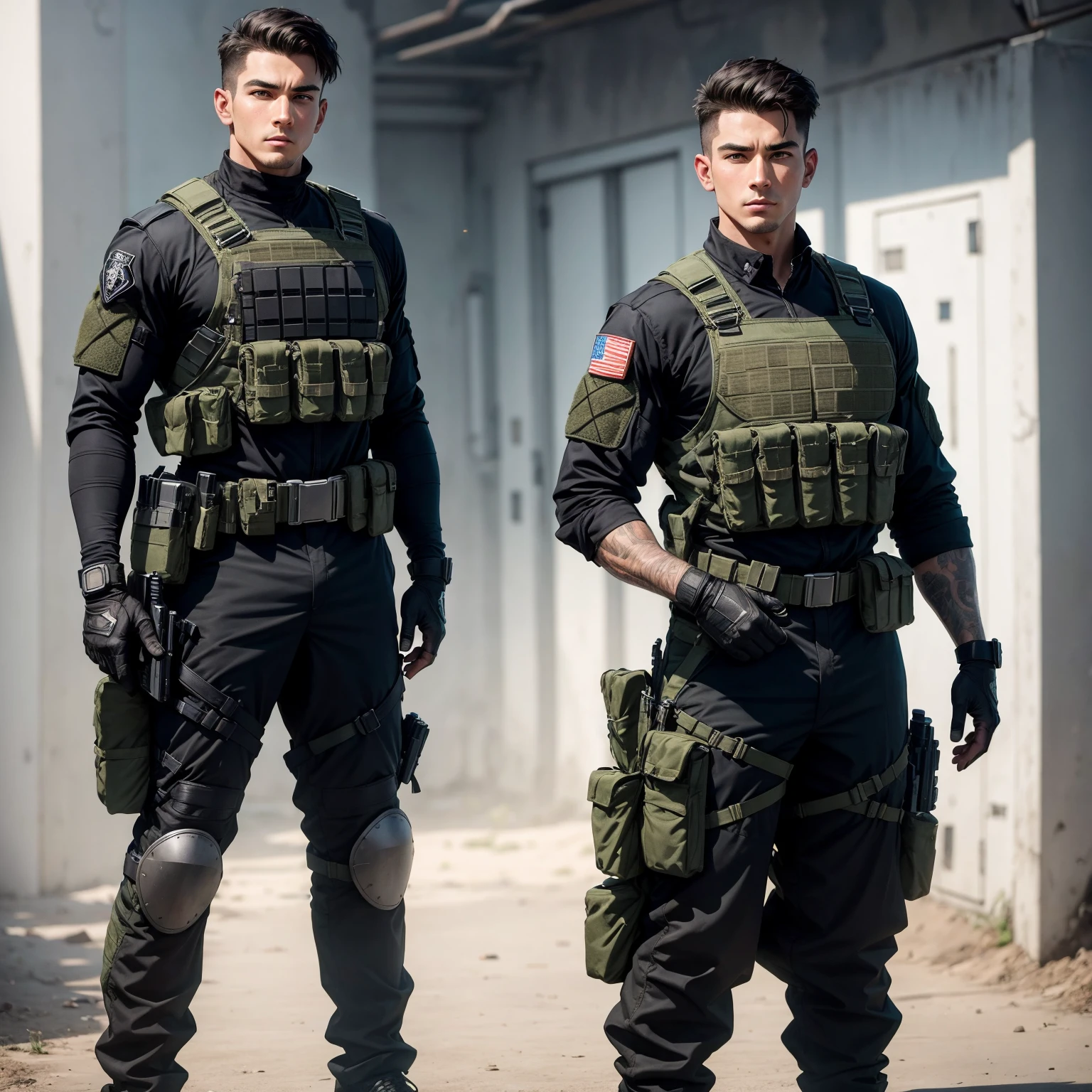 1 man, 25-year old, character of the game Cal of Duty Modern Warfire stands calmly, wearing green camouflage combat suit, (black bulletproof vest: 1.3), black half-gloves, (grenade belt: 1.3), stunning, tall, Dark hair, buzz cut, (full length:1.5), (three-quarters turned:1.2)