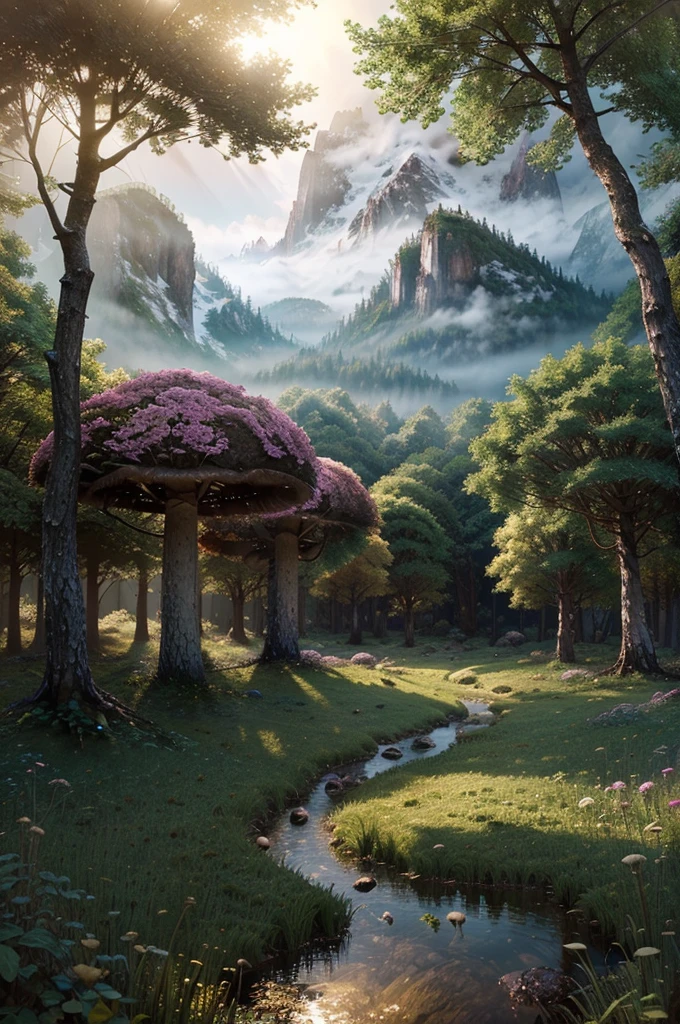 a magical landscape, serene forest, misty mountains, glowing mushrooms, ethereal lighting, fantasy environment, vibrant colors, high detail, digital painting, concept art