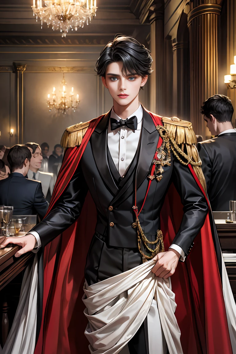 masterpiece, 最high quality, high quality, 1 boy, alone, Male focus, Watching the audience, Messy black hair, Adorable big blue eyes, White people, Noble, Noble,Sexy voluminous black and red cape、Tuxedo、A very voluminous, large, very large, very large, long, long red and black cape with a high stand-up collar, reaching down to the floor, made of a lot of fabric., 17 years old,Cute beautiful boys,Cute, cute, kind, handsome guy