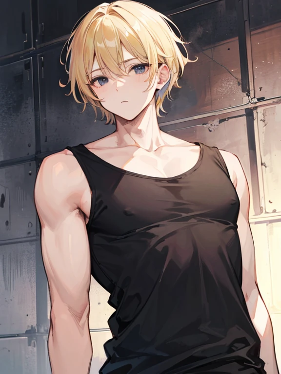 Masterpiece, best quality,((1 Male)),blonde hair,very short,black eyes,black tank top
