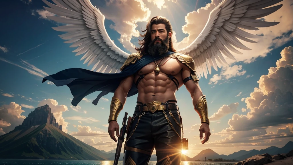 God's Angel, Anjo Masculino de GOD, God's golden Army, naughty man, Masculine Male, mighty, Jewish Hebrew Beard, Detailed Realistic God's Angel, photorrealistic, ultrahd, fotorrealism, epic, photorealistic landscape, golden sunset, sky, sky Power, Detailed realistic sunset, mountainous landscape, Rivers of water, sunset Realism, alone men, GOD man, Man's beard, GOD's Army Angel, armour Divina, golden Army, Silver Army, armour, Soldier Angel, Detalhes photorrealistics, GOD's angel masculino, GOD's Army, GOD's Hebrew, GOD's Strong Angel, GOD's Power, angel masculino, male man, Camisa padoru, elegant shirt, Closed blouse, closed shirt, long-sleeved shirt, golden, Tunica, GOD'angel, barba, naughty man com barba, Large Beard, Barba Judaica, Hebrew, panorama, Alpha Male, Caminho para o sky, heavenly, 8K Detailed Realistic Image, 16K Photorealistic Contrast, 8K Photorealistic Sharpness, Photorealistic 4K cores, 16K Photorealistic Shadows, 8K Photorealistic Textures, 16K Photorealistic Texture, 4K Photorealistic Light, fotorrealism 4K, FullHD 4K Detailed Contrast, detailed sharpness FullHD 8K, detailed sharpness FullHD 4K, detailed sharpness, 2K detailed colors, lifelike colors, FullHD Detailed Shadows, 4K Detailed Textures, detailed texture, padoru, natural beautiful, posh