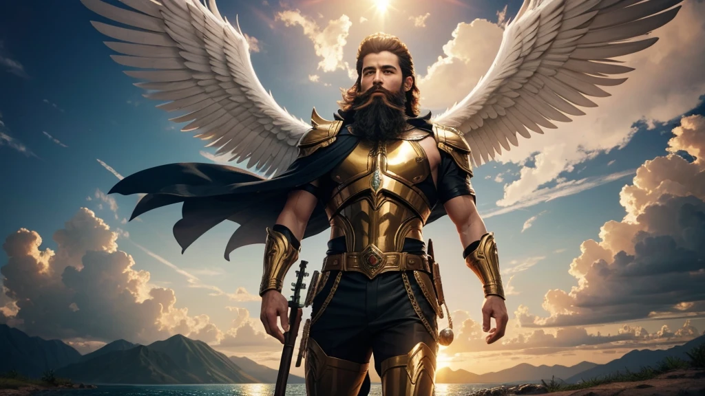 God's Angel, Anjo Masculino de GOD, God's golden Army, naughty man, Masculine Male, mighty, Jewish Hebrew Beard, Detailed Realistic God's Angel, photorrealistic, ultrahd, fotorrealism, epic, photorealistic landscape, golden sunset, sky, sky Power, Detailed realistic sunset, mountainous landscape, Rivers of water, sunset Realism, alone men, GOD man, Man's beard, GOD's Army Angel, armour Divina, golden Army, Silver Army, armour, Soldier Angel, Detalhes photorrealistics, GOD's angel masculino, GOD's Army, GOD's Hebrew, GOD's Strong Angel, GOD's Power, angel masculino, male man, Camisa padoru, elegant shirt, Closed blouse, closed shirt, long-sleeved shirt, golden, Tunica, GOD'angel, barba, naughty man com barba, Large Beard, Barba Judaica, Hebrew, panorama, Alpha Male, Caminho para o sky, heavenly, 8K Detailed Realistic Image, 16K Photorealistic Contrast, 8K Photorealistic Sharpness, Photorealistic 4K cores, 16K Photorealistic Shadows, 8K Photorealistic Textures, 16K Photorealistic Texture, 4K Photorealistic Light, fotorrealism 4K, FullHD 4K Detailed Contrast, detailed sharpness FullHD 8K, detailed sharpness FullHD 4K, detailed sharpness, 2K detailed colors, lifelike colors, FullHD Detailed Shadows, 4K Detailed Textures, detailed texture, padoru, natural beautiful, posh