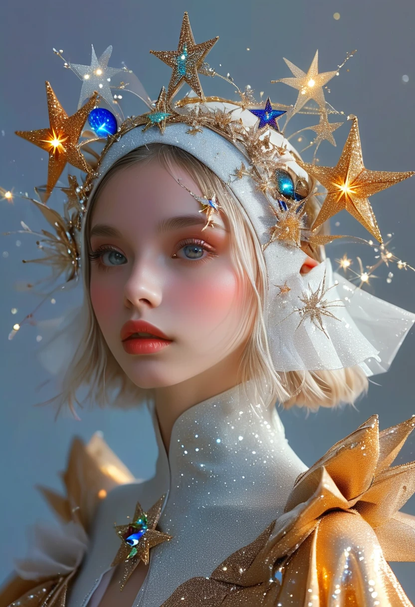 1 Girl, Beautiful and delicate eyes, Beautiful and delicate lips, Extremely delicate face and skin, (((Exquisite star-shaped headpiece, track))), Clean background, (best quality, 4K, 8K, high resolution, masterpiece:1.2), Extremely detailed, Practical, photoPractical, photo-Practical:1.37, 3d, professional, Bright colors, Studio Lighting