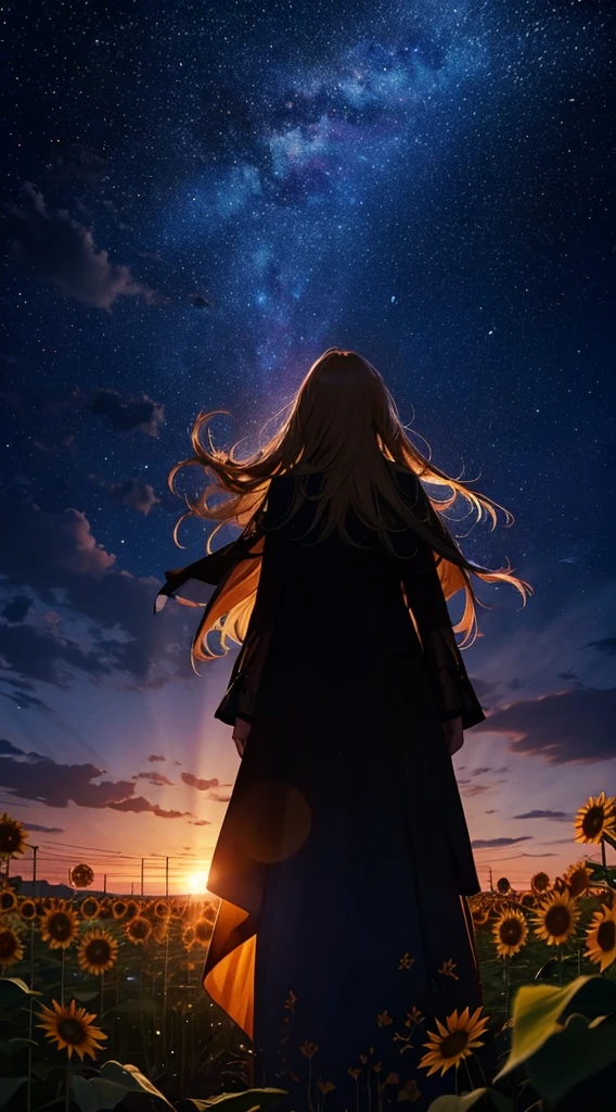 １people々々々々々々々々,Blonde long-haired woman，Long coat， Dress Silhouette， Rear View，Space Sky,　Sunflower flowers，Sunflower field，